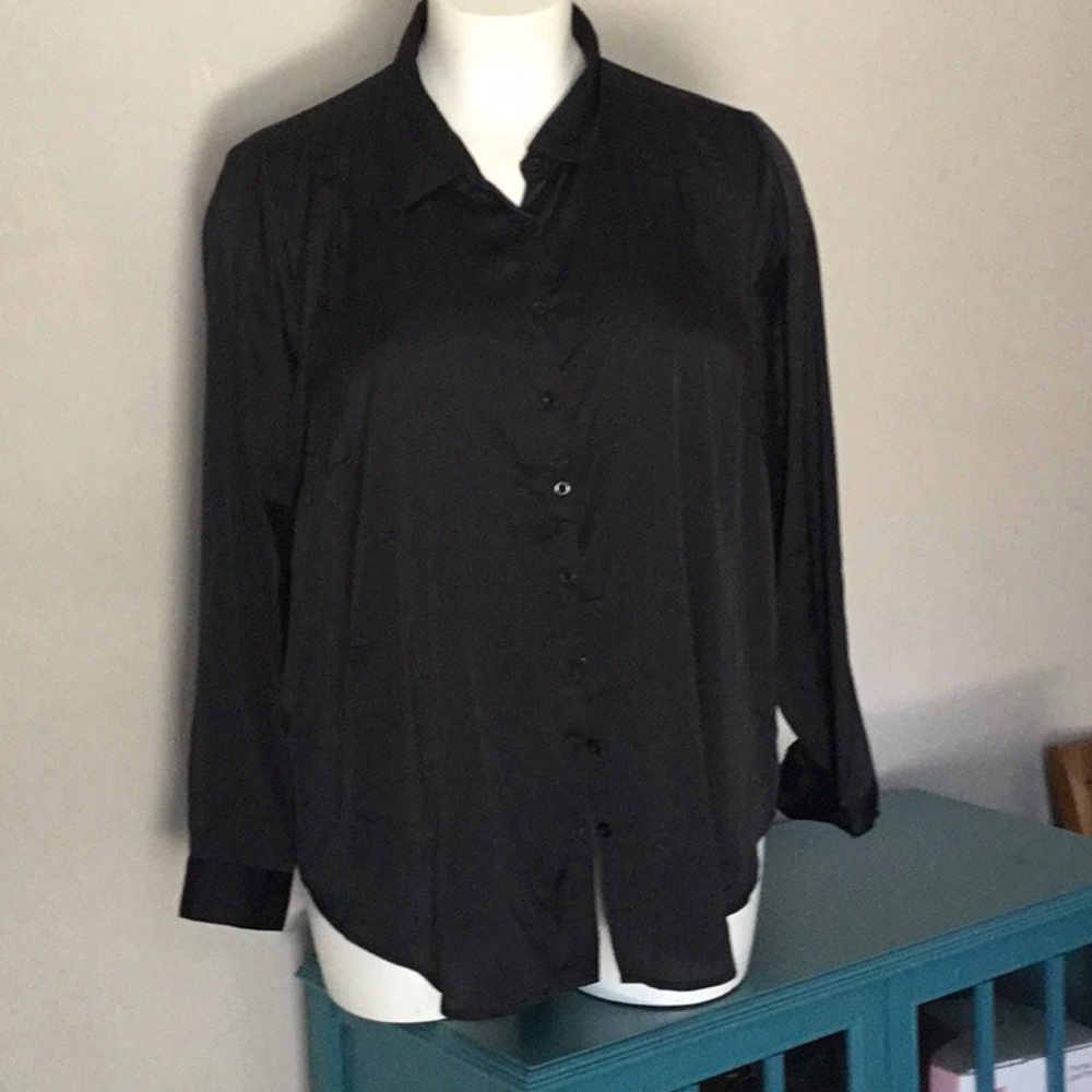 Black Women's long sleeve soft satin very flowing button down shirt Top